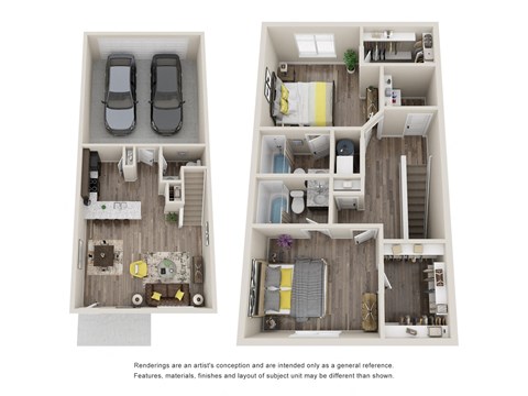 Floor plan for 2 beds, 2.5 baths, 1309 sqft
